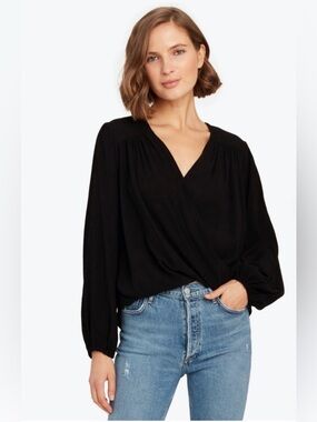 Free People Check On It V-Neck Wrap Top Long-Sleeve in Black Size M